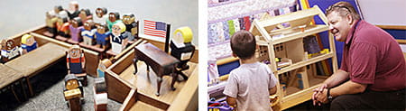 Toys like this wooden courtroom set help therapists prepare kids for difficult and potentially scary experiences. Right:  Clinical counselor Thomas Volker observes a child in a therapy session.